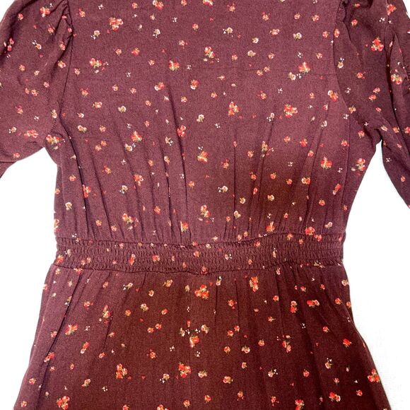 Old Navy | Burgundy Ditsy Floral Puff-Sleeve V-Neck Crepe Midi Dress | Small - Picture 9 of 11
